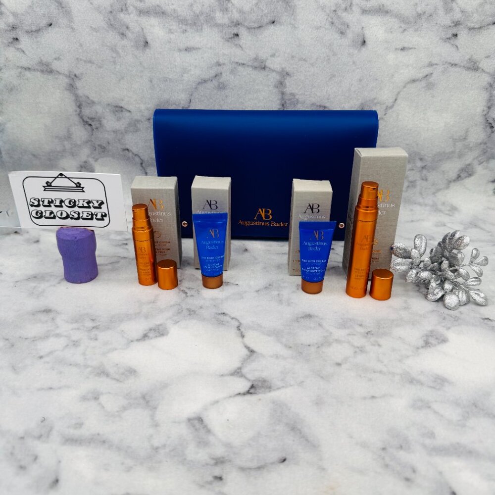 Augustinus Bader Skincare Gift Set-Navy Pouch,Serum,Eye&Body Cream-5pc-BOXED-NEW